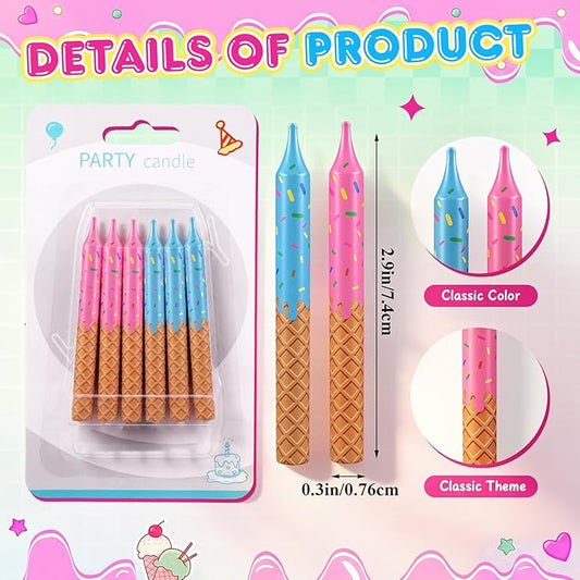 Conelist 12 Pcs Ice Cream Themed Birthday Candles Pink Blue Birthday Decorations Cartoon Movie Cake Toppers for Ice Cream Themed Party Supplies