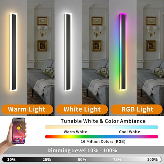 2 Pack Outdoor RGB Long Wall Lights, 23.6inch Wall Lights RGB/Warm/White Dimmable Modern Led Wall Lighting, Ip65 Waterproof Wall Sconce with Remote APP Control for Outdoor/Indoor Party Gathering