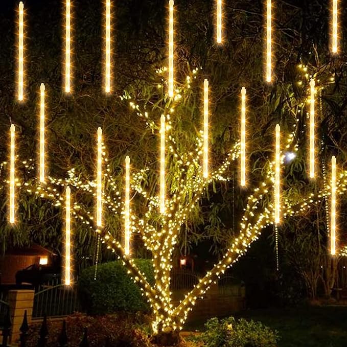 TW SHINE Christmas Meteor Shower Lights Outdoor, 864 LED 12" 24 Tubes Waterproof Christmas Lights Outdoor Plug in, Snow Falling Rain Icicle Xmas Light Decorations, Warm White