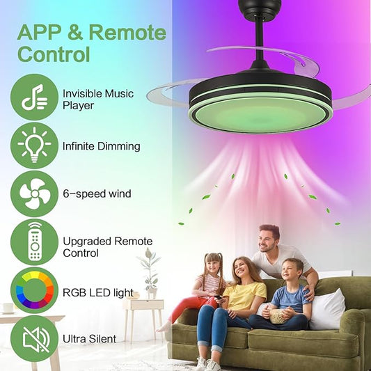 48" Retractable RGB Ceiling Fan with Light, Build-in Speaker Modern Fandelier 6 Speeds Retractable Blades Dimmable Chandelier Ceiling Fan with Remote App Control Memory Timer Black