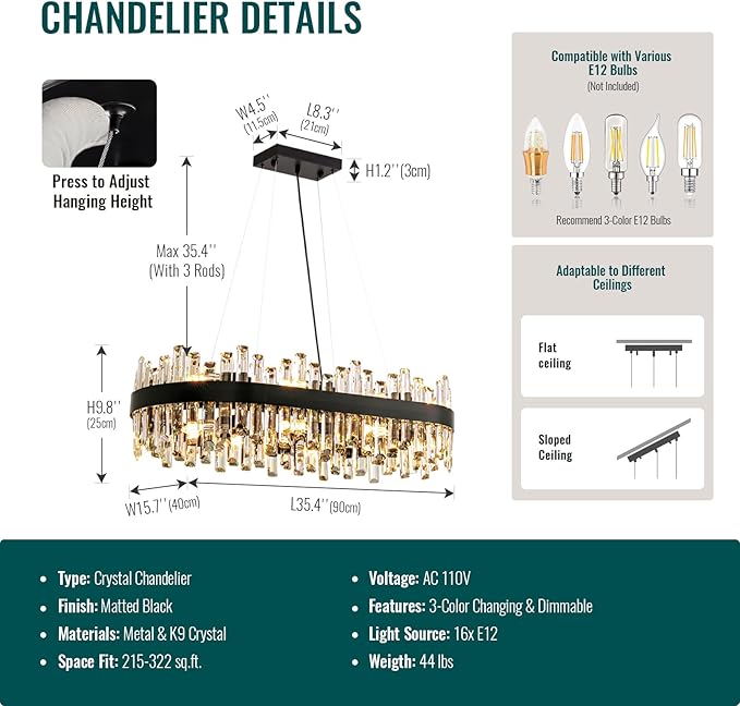 Modern Black Crystal Chandelier, 16-Light Rectangular 2-Tiers K9 Crystal Raindrop Chandelier, Luxury Flush Mount Hanging Ceiling Light for Dining Room Living Room Kitchen Island L35.4''
