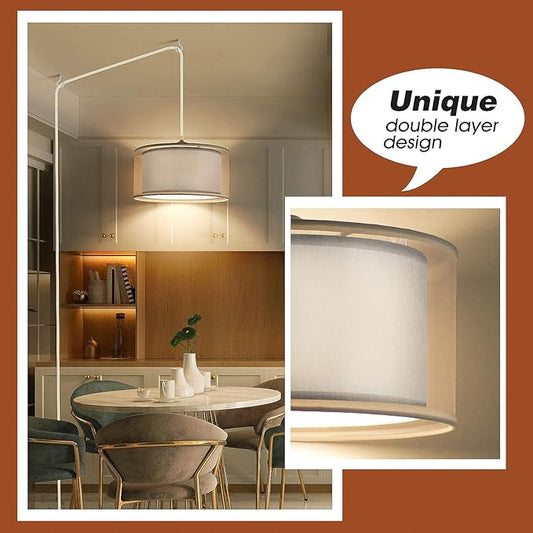Plug in Pendant Light, 15FT White Cord Hanging Lights with Plug in Cord, Hanging Light with On/Off Switch, Double Linen Shade Fabric Design, Pendant Llight Fixture for Bedroom Restaurant Grey