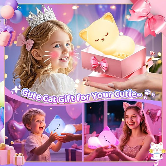 Night Light for Kids,16 Colors Cat Lamp Cute Lamp,Dimmable Baby Night Lights for Nursery,Silicone Rechargeable Nightlight for Kids Room,Kawaii Room Decor,Cat Themed Gifts,Valentines Day Gifts for Kids