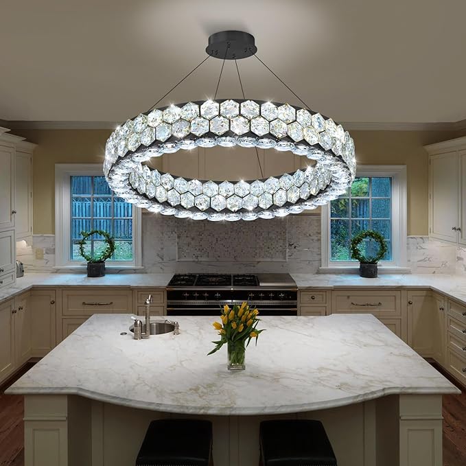 Modern Ring Chandelier, Crystal Chandeliers for Dining Room Round LED Ceiling Light Fixture for Living Room Bedroom Lighting Dimmable with Remote Black