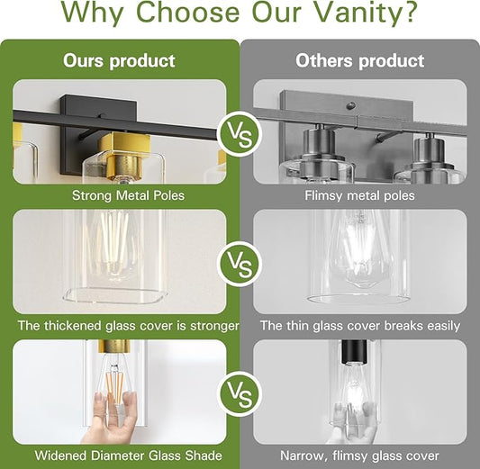 Black and Brushed Gold Bathroom Vanity Light, 3-Light Vanity Lighting fixtures Over Mirror, Square Design & UL Certification, Wall Sconces with Clear Glass Shades, E26 Socket (Bulbs Not Included)