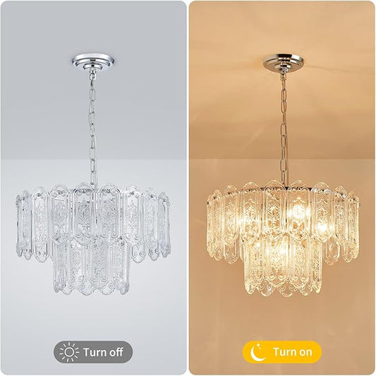 5-Lights Luxury Glass Chandeliers, Mid-Century Modern Chandeliers for Dining Room, D18.5'' × H18.9'', Adjustable Height (18.9"~51.2"), Chrome Finish Frame & Double Figured Glass Shade