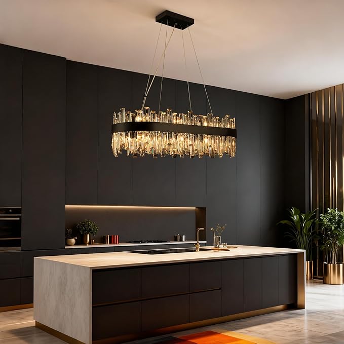 Weesalife Black Crystal Chandeliers for Dining Room Lights Fixtures Over Table, 16 Lights Modern Rectangle 2-Tier Chandeliers for Kitchen Island Bar L32 Inch