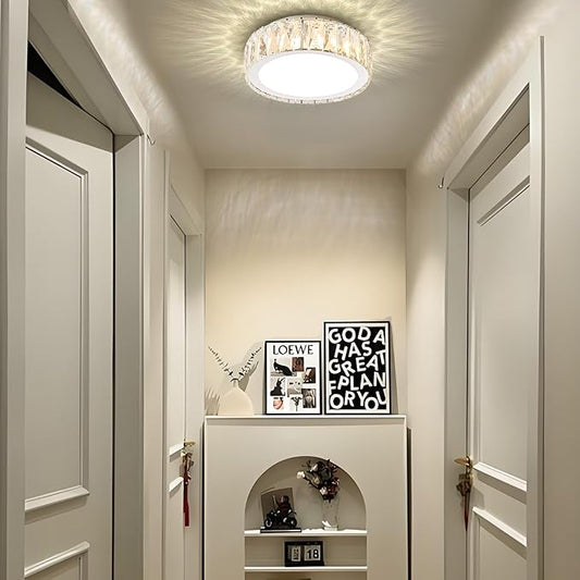 Modern 11 Inch Luxury Crystal Ceiling Light Fixture,Dimmable 3000K-6500K Adjustable LED Lighting Fixtures,Chrome 24W Round Small Chandelier for Kitchen,Bedroom,Laundry Room, Hallway