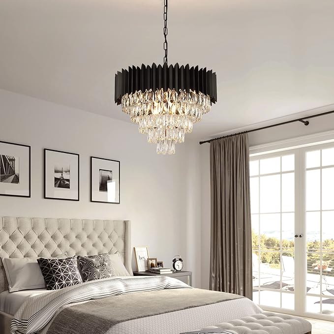 A AXILIXI Black Crystal Chandeliers Modern Round Chandeliers 24" Dimmable 12 Lights Ceiling Pendant Light Fixtures 5 Tiers Luxury Raindrop for Living Room Dining Room Bedroom Foyer