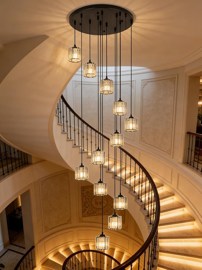 Long Chandeliers for High Ceilings,Modern Crystal Pendant Light,Raindrop Drop Lamp,Hanging Flush Mount Lighting Fixtures for Spiral Staircase,Foyer,Entryway,Living Room,Black (12 Lights)