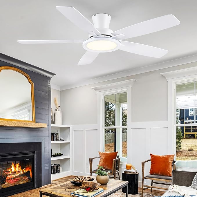 BYKISTOK Flush Mount RGB Ceiling Fan with RGB Light - 52In White Ceiling Fan Light with Reversible Mute Motor, 3CCT LED Dimmable, Low Profile Modern Ceiling Fans for Indoor, Party, Living Room