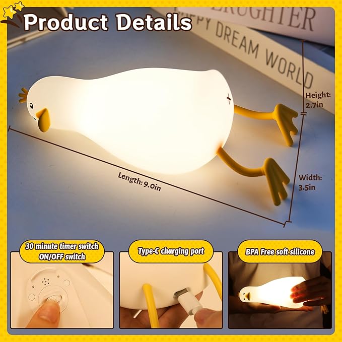 Cute Duck Night Light: LED Baby Silicone Duck Lamp - 7 Colors Kids Night Lamp - Rechargeable Nursery Nightlight - Timer Function Bedside Lamp - Cute Bedroom Décor - Gifts for Children