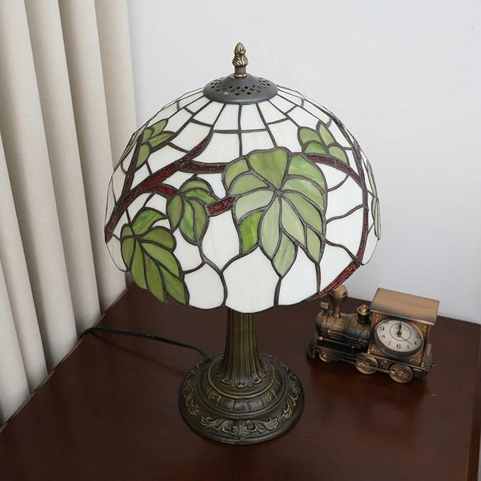 Tiffany Style Table lamp with Green Leaf Stained Glass lamp 12 Inch Retro Bronze Base Bedside Lamp Bedroom,Living Room, Bar, Restaurant Hotel French Countryside Style Decorative Ambient Light