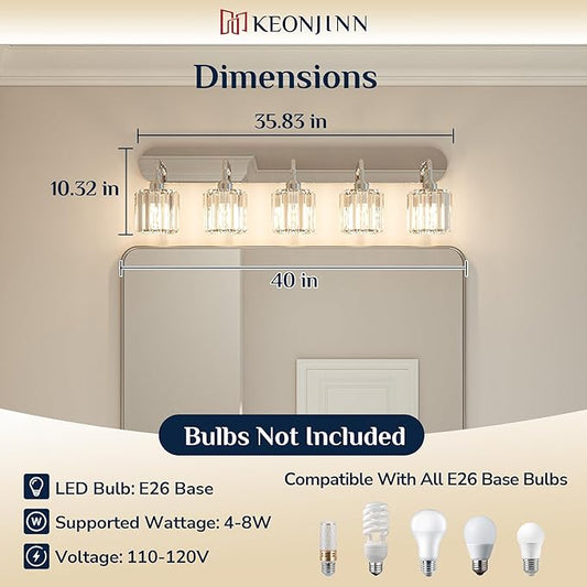Keonjinn 5-Light Bathroom Light Fixtures, Crystal Chrome Bathroom Vanity Lights Over Mirror, Vanity Lighting Fixtures with Crystal Square Shades (E26 Socket, Exclude Bulb)