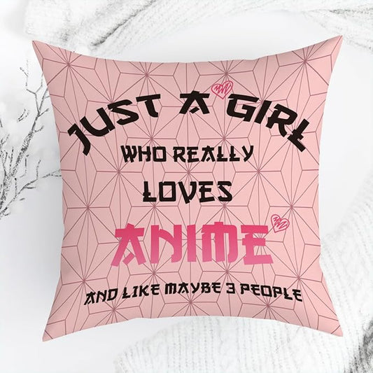 Anime Decor, Just a Girl Who Loves Anime Anime Room Decorative Throw Pillow Covers, Girls Anime Gifts Anime Lovers for Home Living Room Girl Women Bedroom Decoration Gifts Pink