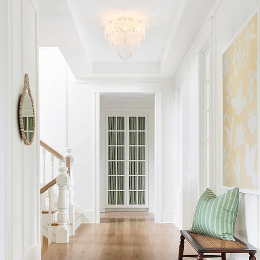 Modern Glass Flush Mount Light Fixture, Hallway Ceiling Light Unique Chandelier, 4-Light Flush Mount Chandelier for Bedroom Entryway, White Finish