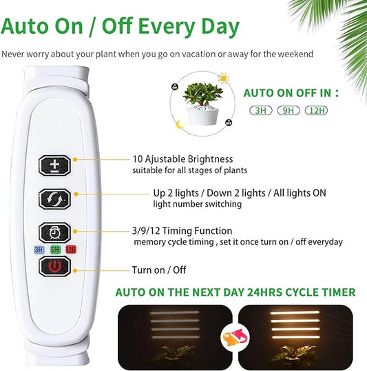 RWNTAO LED Plant Growing Lamp, 3500K Full Spectrum Grow Light Strips for Indoor Plants with 3/9/12H Timer & 10 Dimmable Levels, Led Growth Light for Green House Hydroponics Succulent 13In 4Head