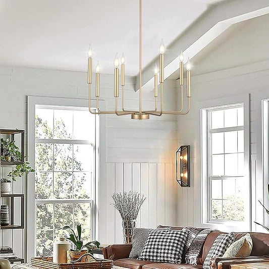 WOKNOS Modern Gold Farmhouse Chandeliers, 8-Light Industrial Metal Chandelier Lighting, Classic Candle Hanging Pendant Light Fixtures for Kitchen Bedroom, Dining Room, Living Room,Foyer