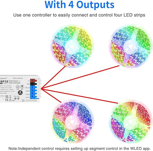 ESP32 WLED RGB IC LED Strip Controller 4 Channel Outputs 15A Fuse Mic Sound Dynamic Lights USB-C UART DIY Energy Saving Relay Level Shifter IC for Digital WS2811 WS2812 WS2815 SK6812 etc