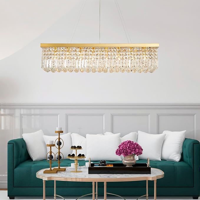 Saint Mossi 8-Lights K9 Crystal Chandelier for Dining Room, Rectangular Pendant Light Fixture for Kitchen Island, Raindrop Chandelier, X-Large Size, Chain Adjustable