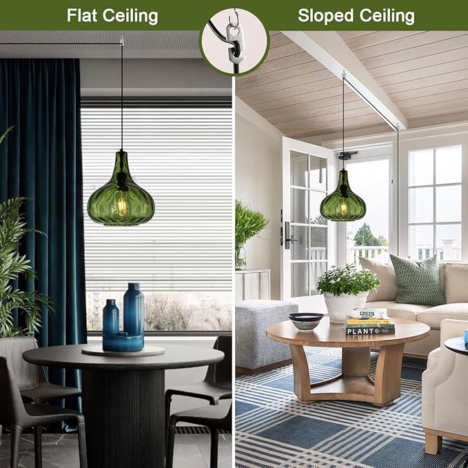 Plug in Pendant Light Fixture,Vintage Hanging Lamp with Cord Hammered Green Glass Globe Shade Mid-Century Modern Ceilig Pendant Lamp Plug in Hanging Lamp for Bedroom Dining Living Room