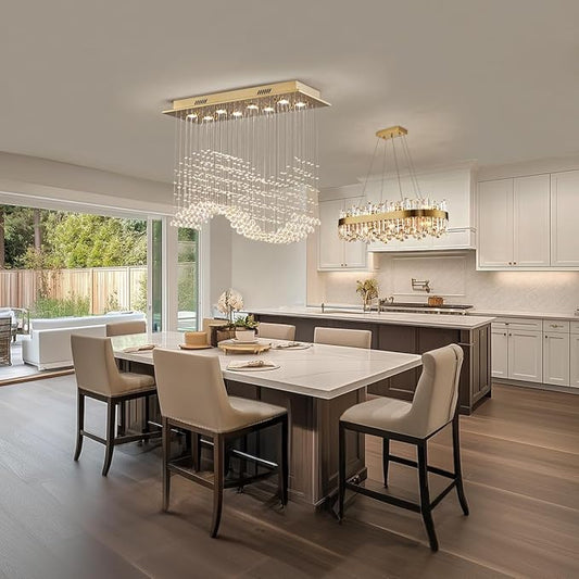 Siljoy Rectangular Gold Crystal Chandelier for Dining Room, 8-Light Modern Wave Raindrop Crystal Chandelier for Living Room Kitchen Island L31.5'' x W11.8'' x H32.2''