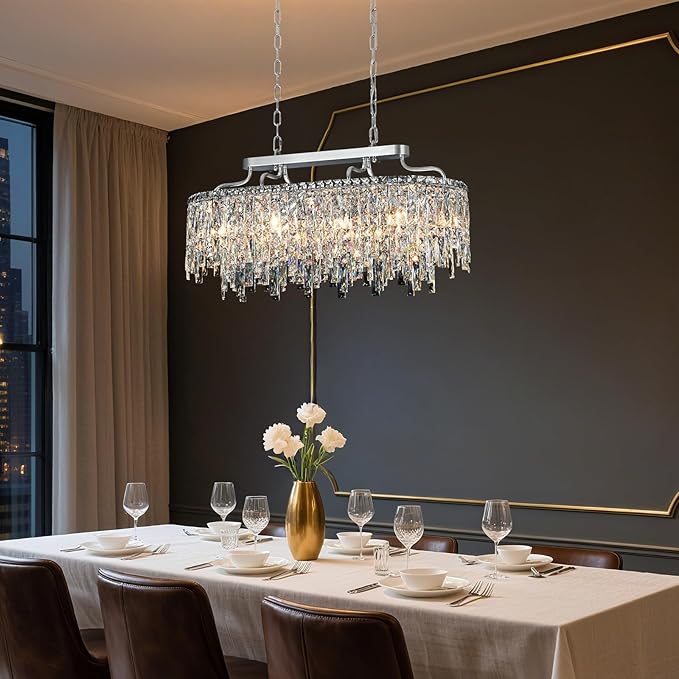 10 Light Crystal Chandelier | Chrome Oval-Shaped Crystal Chandeliers for Dining Room Light Fixture, 32" Modern Ceiling Lighting Fixture for Dining Room Kitchen Island Bar