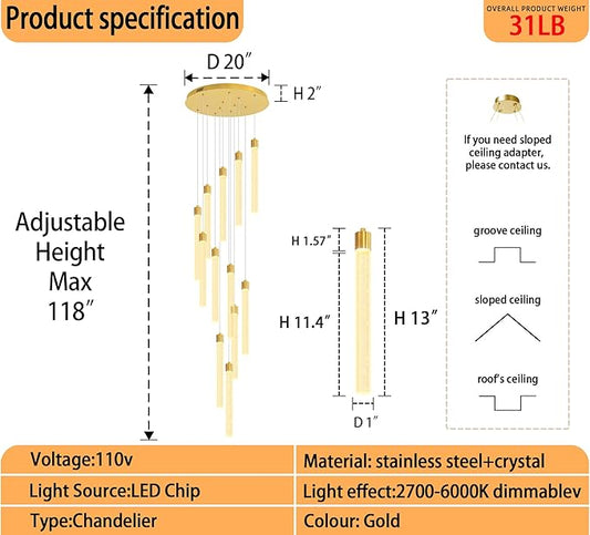 118'' Modern Glam Crystal Column Chandelier for High Ceiling LED Dimmable Pendant Light Staircase Foyer Enterway Living Room Ceiling Chandelier Lighting Gold 12 Lights