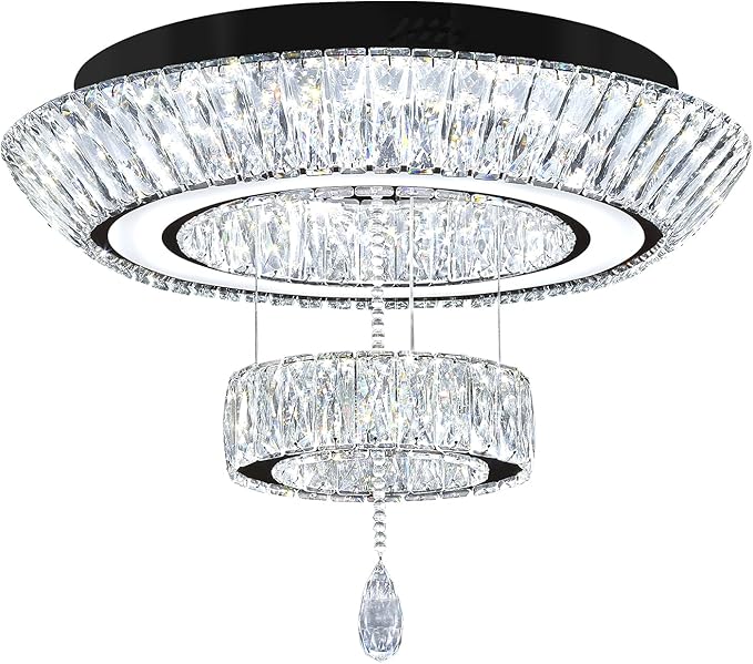Led 24'' Black Ring Crystal Chandelier,Modern Luxury 2 Tier Crystal Raindrop Chandeliers Lighting for Dining Living Room LED Dimmable 3000-6000K