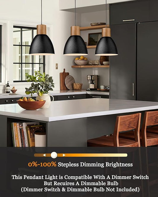 ELYONA Industrial Hammered Pendant Light 7” Small Solid Wood Hanging Lamp with Hammered Metal Shade, Farmhouse Pendant Light Fixtures for Kitchen Island, Dining Room, Bedroom, Office, Modern Black