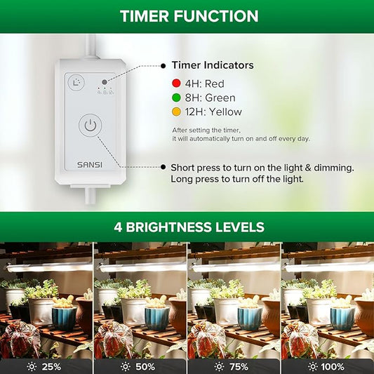SANSI T8 Grow Lights for Indoor Plants, 2FT 4000K Full Spectrum, 25W (195W Equivalent) LED Grow Light Strips with 4-Level Dimmable, Auto On Off 4 8 12 Hrs Timer, IP54 Waterproof for Seed Starting