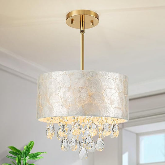 LumFurn D12 inch Capiz Shell Crystal Drum Chandeliers, 3-Light Coastal Style Pendant Light Fixture for Dining Room, Living Room, D12 x H19~49"(Adjustable Height), Shell Lampshade & Gold Finish