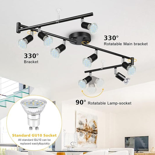 Unicozin LED 8 Light Track Lighting Kit, 54.13'' Black 8 Way Ceiling Spot Lighting, Flexibly Rotatable Head, Track Light Included 8 x LED GU10 Bulb (4W, Daylight White 5000K, 400LM)