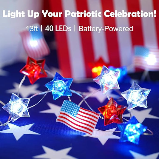 BOHON 4th of July Decorations Battery Operated String Lights with Timer 13 ft 40 LEDs Red White and Blue Star American Flag Lights for Home Patriotic Memorial Independence Day Fourth of July Decor