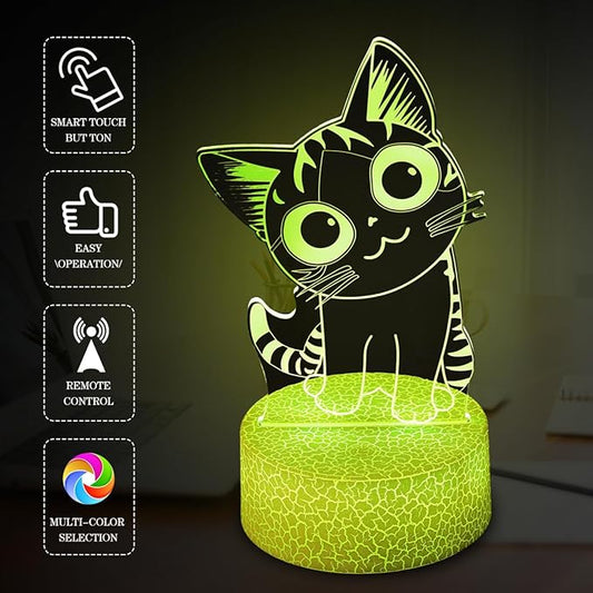 3D Cat Night Light Gifts for Kids 16 Color Change Decor Bedside Lamp with Remote and Smart Touch, Gifts for Christmas Birthday Boys Girls
