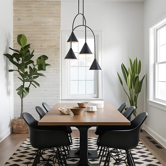 LamQee Matte Black Industrial Pendant Light Fixture, 4 Lights Large Cluster Pendant Lighting with Cone Metal Shade, Farmhouse Hanging Chandelier for Dining Room Kitchen Island Bar Entryway Staircase