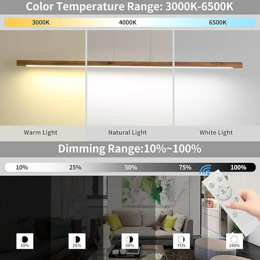 Modern Wooden Pendant Light, 47IN Walnut Wooden Chandelier with Remote Control 3000k-6500K Adjustable Color Temperature,Aluminum Island Lighting Lamp for Dining Room, Living Room, Kitchen