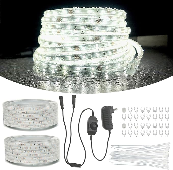 2 Pack (Total 66FT) Cool White LED Rope Lights Outdoor, 12V 1200 LEDs Dimmable Waterproof Flat Lighting with Y-Splitter for Garage Workshop Patio Commercial Kitchen Under Cabinet Use
