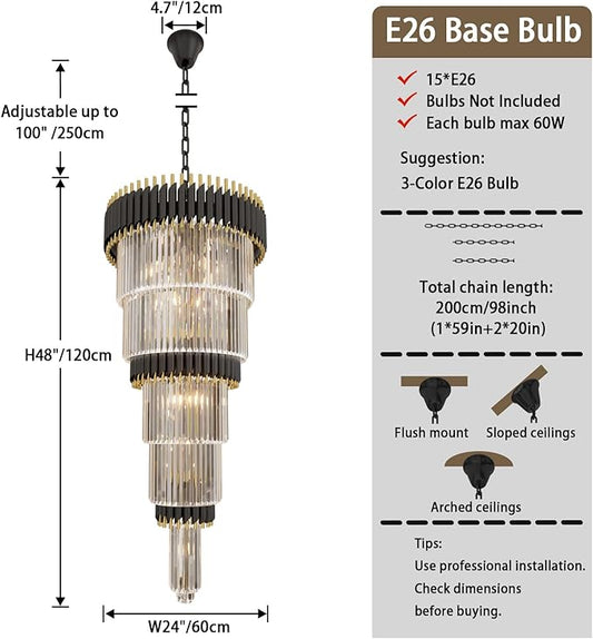 Large Black and Gold Crystal Chandelier, 24" 5-Tier Crystal Chandeliers for High Ceiling, Adjustable Height Pendant Light for Foyer, Villa, Staircase, Entryway