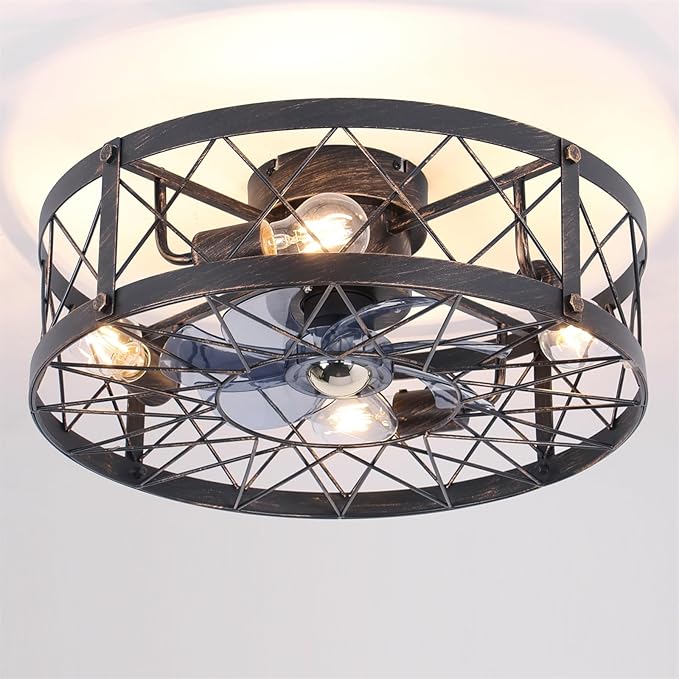 20" Farmhouse Flush Mount Caged Ceiling Fans with Lights, Rustic Low Profile Ceiling Fan with Remote, Quiet Reversible DC Motor Small Bladeless Enclosed Ceiling Fan for Bedroom Dining Room Kitchen