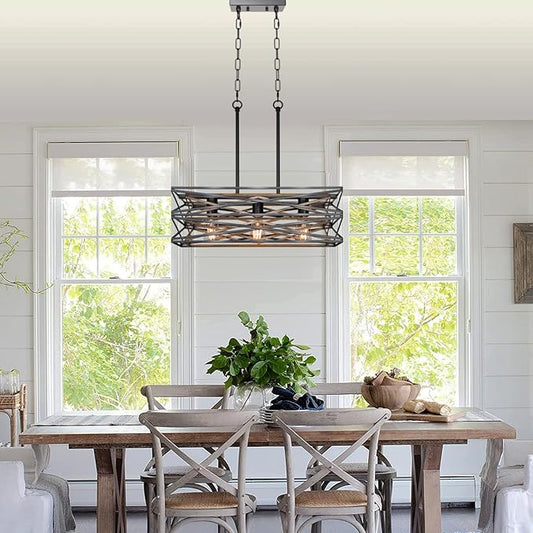 Sigaitwei 21''Farmhouse Dining Room Light Fixture,3-Light Kitchen Island Lighting,Industrial Chandelier for Dining Room Over Table Kitchen Bar,Linear Chandelier with Retro Wood Texture Interior