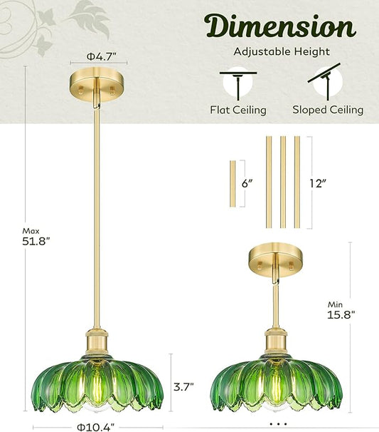 FEMILA 10.4" Gold Pendant Light, Vintage Pendant Lighting with Flower Green Glass, Pendant Light for Kitchen Island Bedroom Hotel Living Room, 4FJX82MIL BG-G