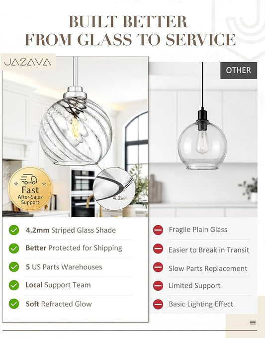 8 Inch Modern Farmhouse Pendant for Kitchen Island, Adjustable Height Hanging Fixture with Ribbed Glass, Brushed Nickel, Dining Room Entryway - PL101SBN-L