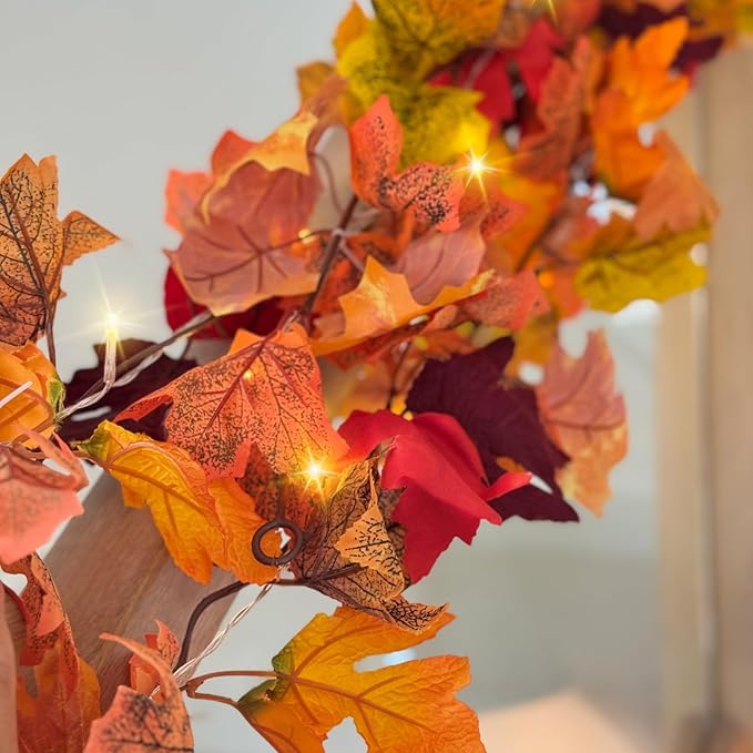 CQURE 6 Pack Fall Leaf Garland with Lights,Fall Decor Halloween Lights Artificial Maple Leaves Autumn Garland Hanging Vines Thanksgiving Decor for Home Christmas Autumn