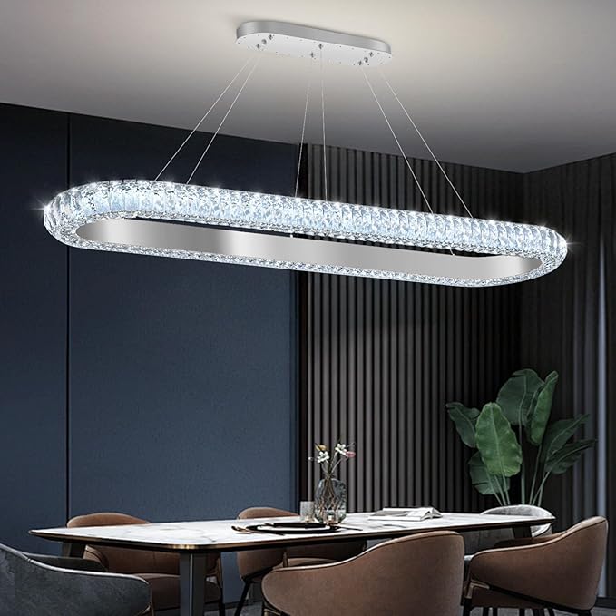 47'' Oval Ring Crystal Chandelier Modern LED Dimmable Ring Pendant Light Chandelier for Dining Room Living Room Silver