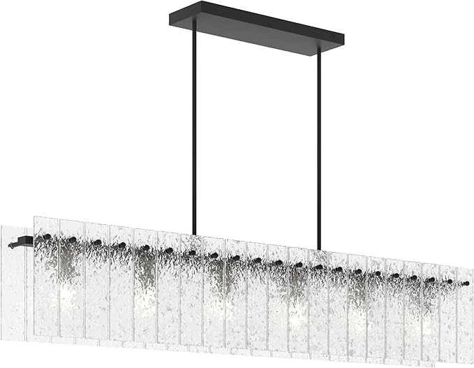 4FT Long Chandelier for Dining Room - Black Dining Room Light Fixture Linear Crystal Design with Water Ripple Glass & Large Rectangle & 6pcs MAX 60W E26 Bulbs