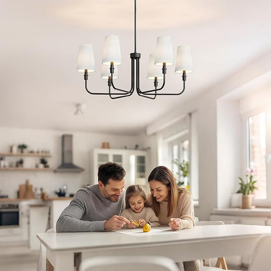 DORESshop 6-Light Chandelier for Dining Room Light Fixture Over Table, 33.86" Modern Matte Black Chandelier with White Linen Shades, Adjustable Hanging Light Fixture for Kitchen Island Foyer Hallway