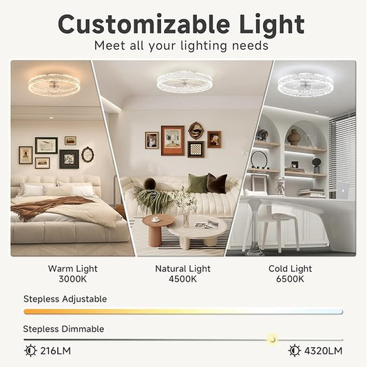 VOLISUN Low Profile Ceiling Fans with Light and Remote, 23.6in Fandelier Ceiling Fan with Light, 3000K-6500K Dimmable Flush Mount LED Ceiling Fan Light, White Modern Ceiling Fan Light for Bedroom