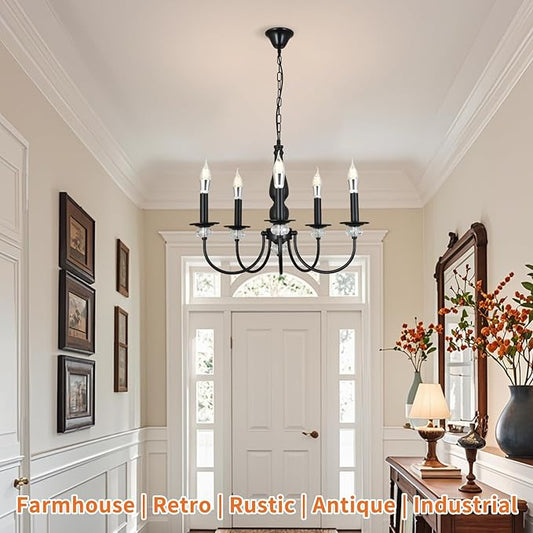 Black Chandelier, 5-Light Farmhouse Candle Chandelier for Living Room, Rustic Industrial Pendant Chandeliers for Dining Room, Vintage Crystal Hanging Light fixture for Hallway Kitchen Foyer E12
