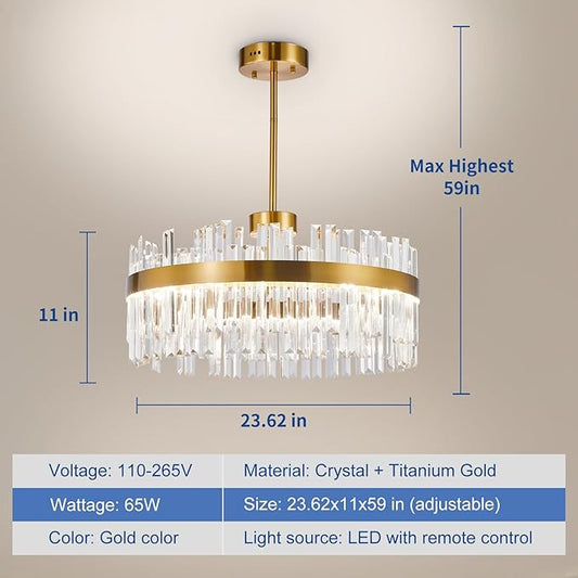 Depuley Modern Gold Crystal Chandeliers: 23.6" Dimmable LED Chandeliers Light Fixture with Remote Control - 3 Colors Contemporary Pendant Ceiling Light for Dining Living Room Kitchen Island Foyer